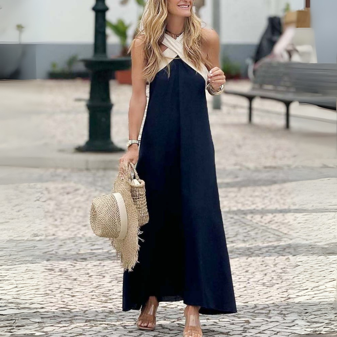Elegant White Women's Cross-Neck A-Line Summer Dress, lightweight and flowy for hot weather vacation.