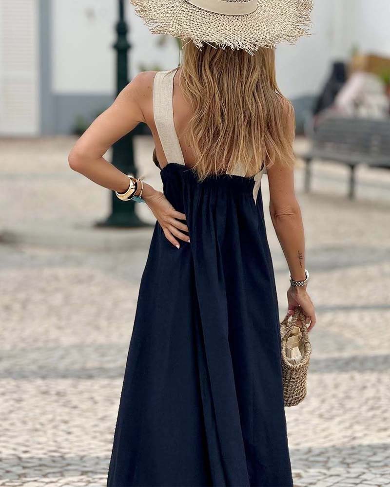 Casual Black Women's A-Line Summer Dress with unique cross-neck detail, comfortable and stylish.