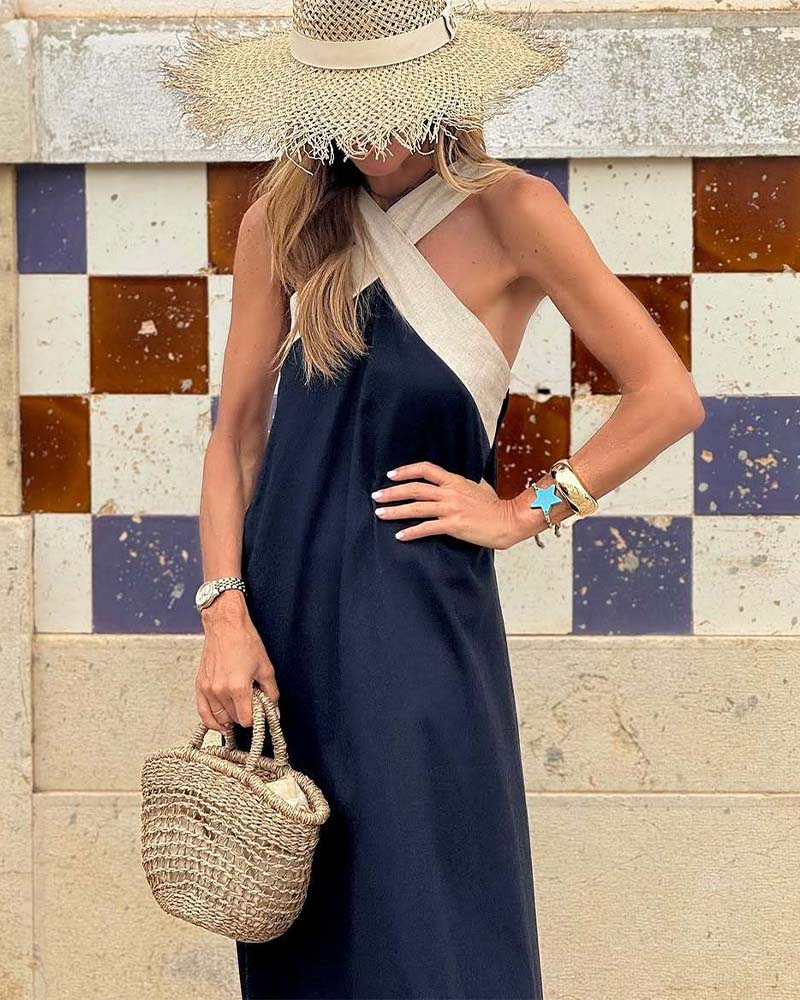 Vibrant Summer A-Line Dress for women, with an elegant cross-neck design, perfect for vacation or parties.