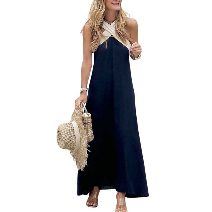 Classic Black Cross-Neck A-Line Summer Dress for women, an elegant and versatile sleeveless choice.