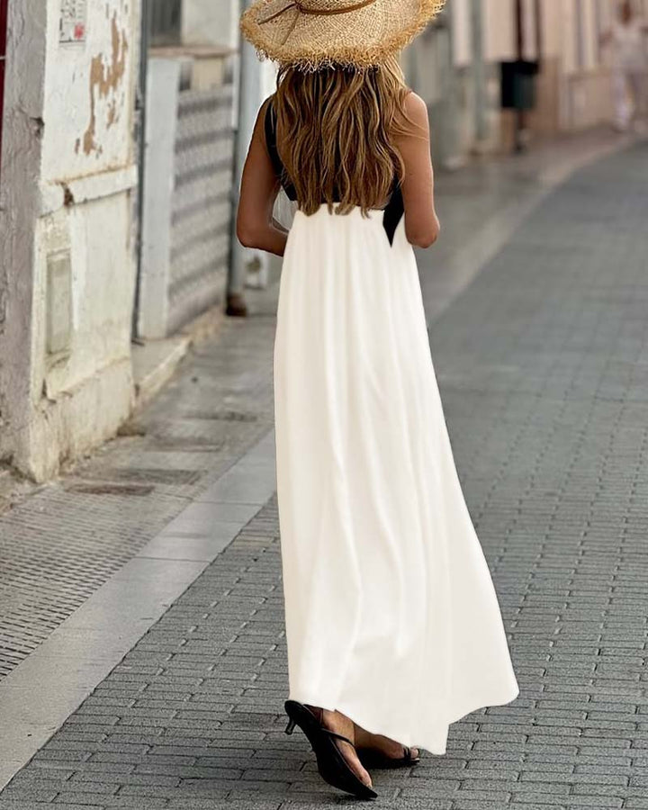 Fresh White Women's A-Line Summer Dress, cross-neck and sleeveless, excellent for beach vacation elegance.