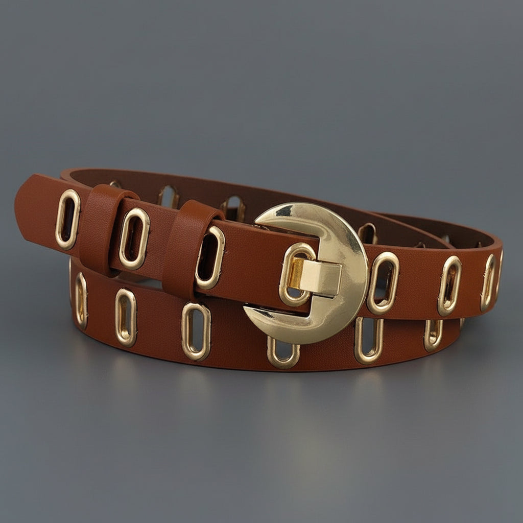 Stylish brown women's belt for casual wear, adorned with a hollow out design and small metal embellishments.