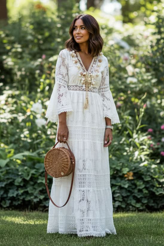 White women's V-neck boho maxi dress, flowy and effortless, perfect for summer vacation or beachwear.