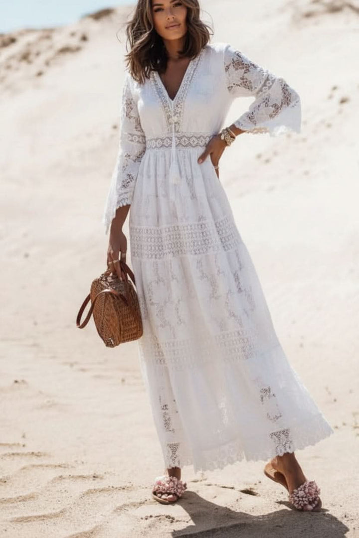 Beige V-neck boho maxi dress for women, offering casual elegance for summer days to evenings.