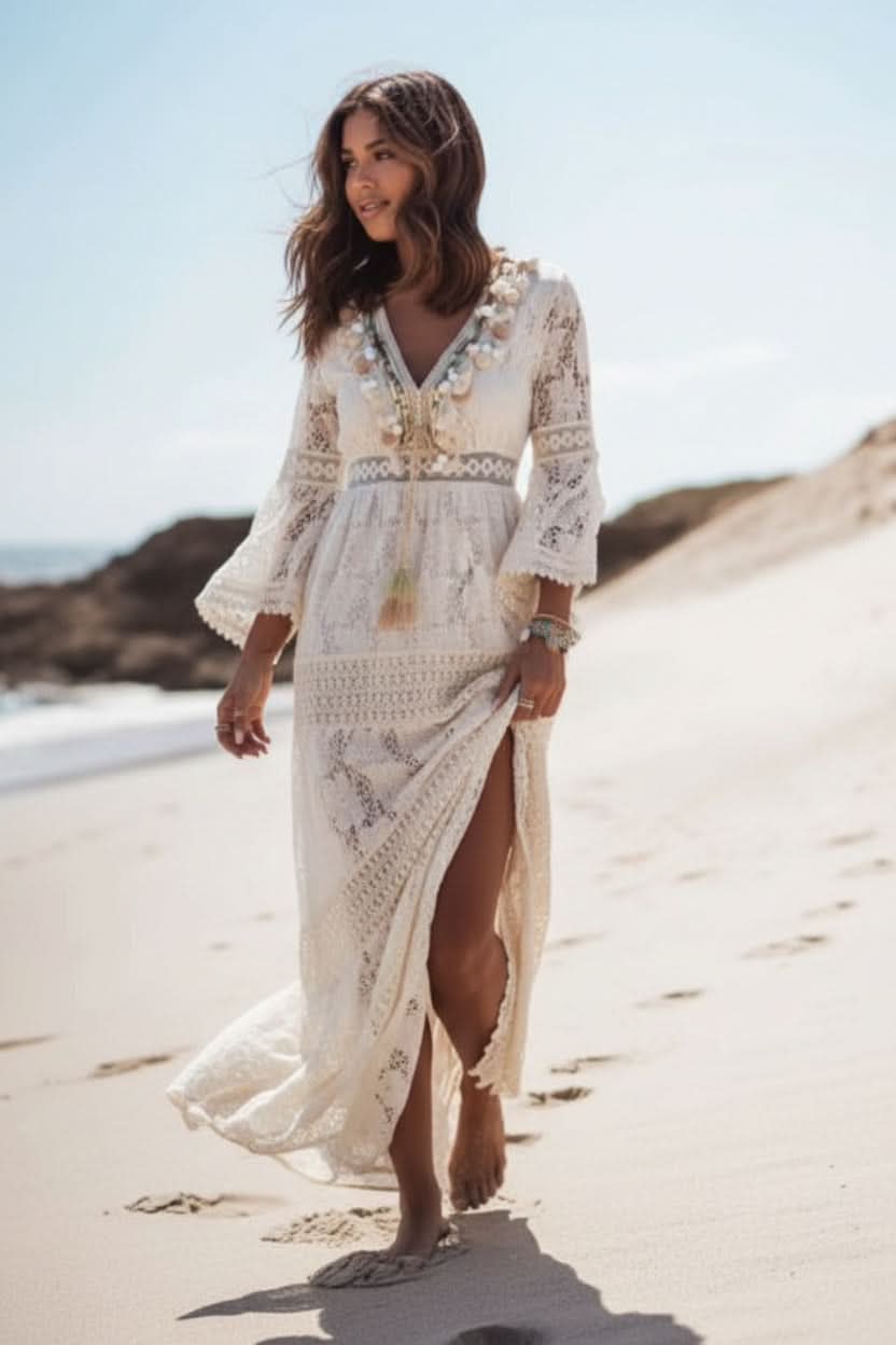 Flowy white boho maxi dress with V-neck, ideal for women's summer fashion, comfortable vacation wear.