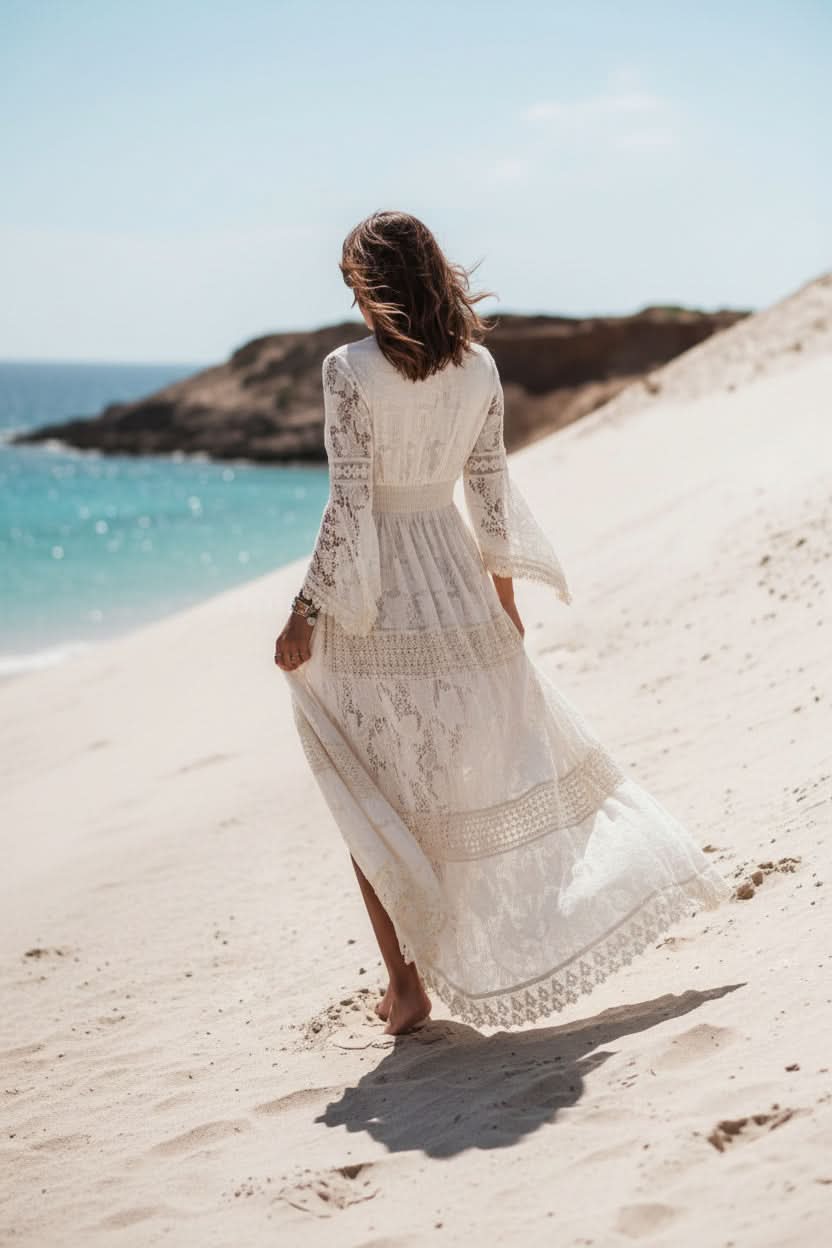 Effortless V-neck boho maxi dress in white, a versatile women's summer dress for beach or casual wear.