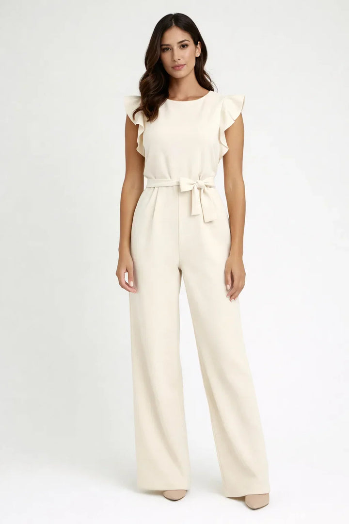 Wide leg women's jumpsuit with butterfly sleeves, perfect for elegant evening occasions.