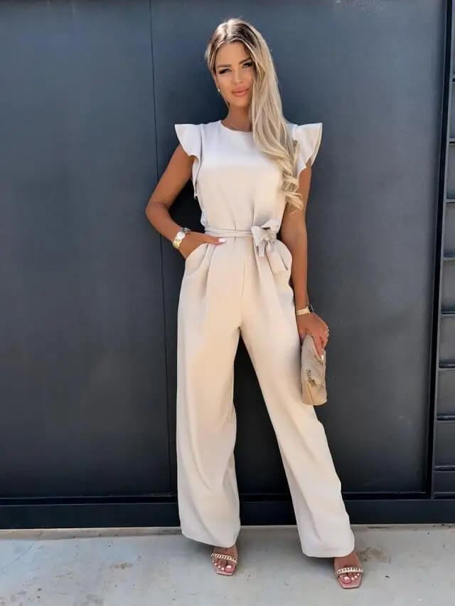 Elegant women's wide leg jumpsuit, one-piece outfit with unique butterfly sleeves.