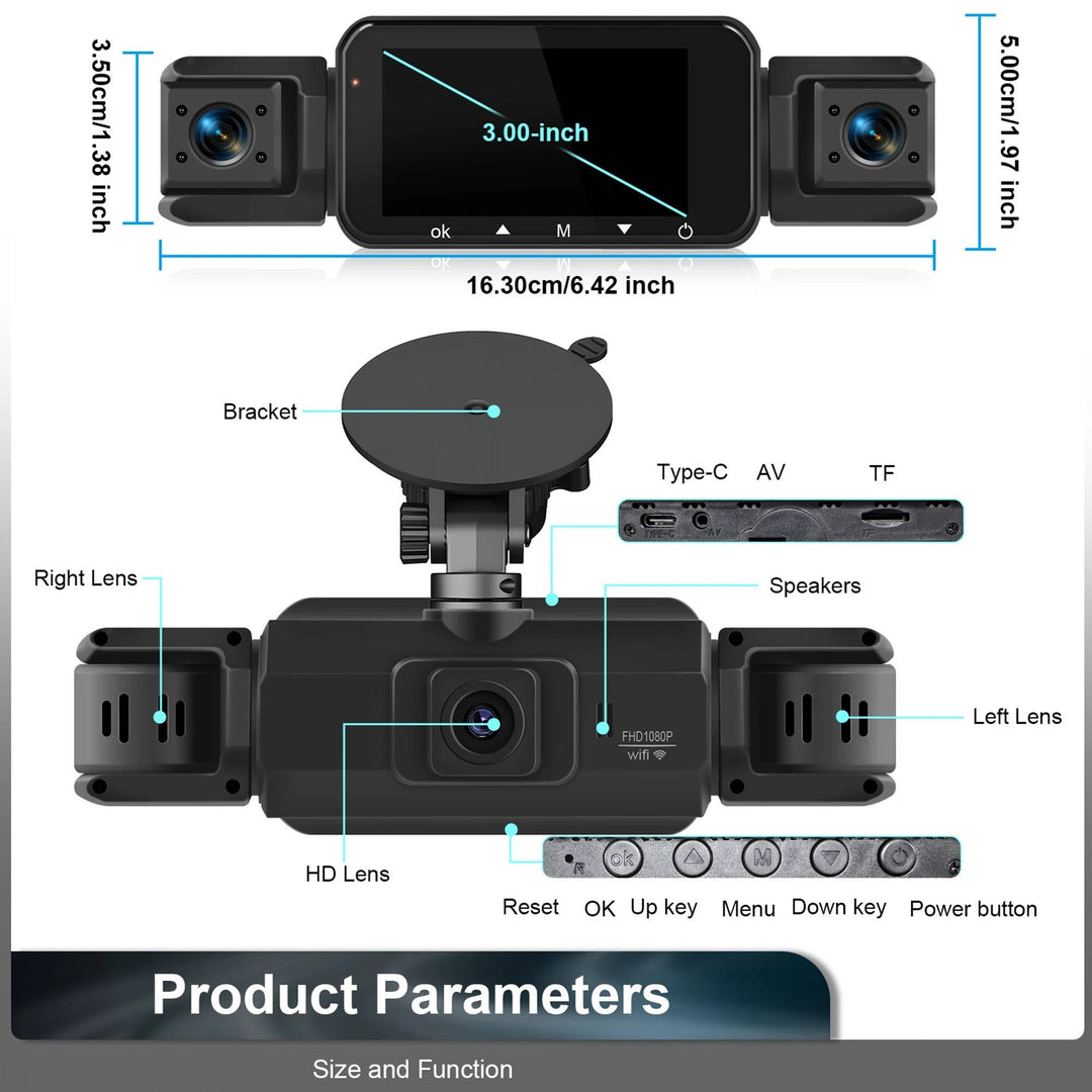 High-quality wireless car camera with front & rear night vision, G-sensor for accident detection.