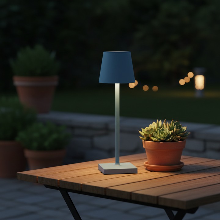 Wireless dimmable LED table lamp, LightMagic portable light for modern indoor & outdoor use, battery operated.