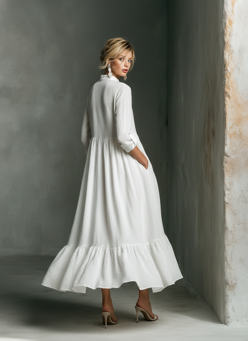 Woman wearing a comfortable white long sleeve tiered maxi dress. Relaxed fit and flowy for casual summer elegance.