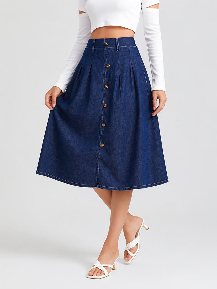 Woman's medium blue A-line midi skirt with stylish button front, perfect for casual or everyday wear.