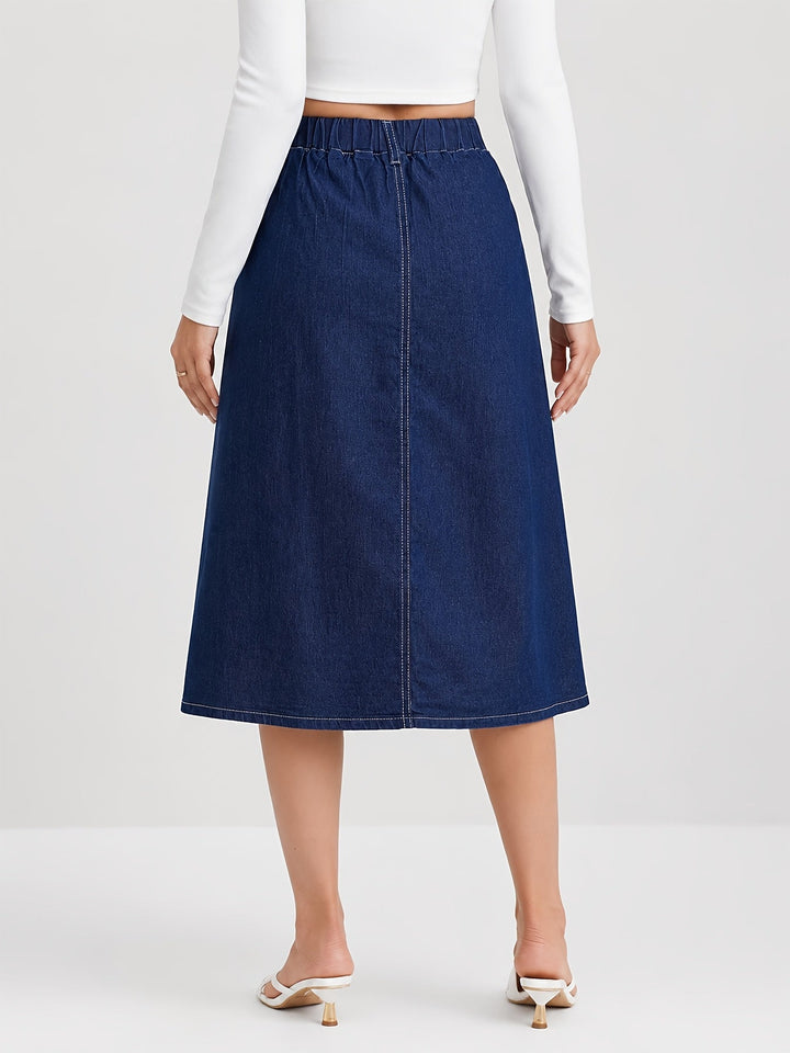 Stylish women's medium blue A-line midi skirt with front buttons, great for everyday fashion & modest looks.
