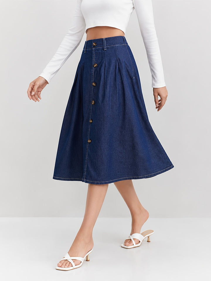 Flattering A-line midi skirt in medium blue for women, with a functional button-front design. Versatile fashion.