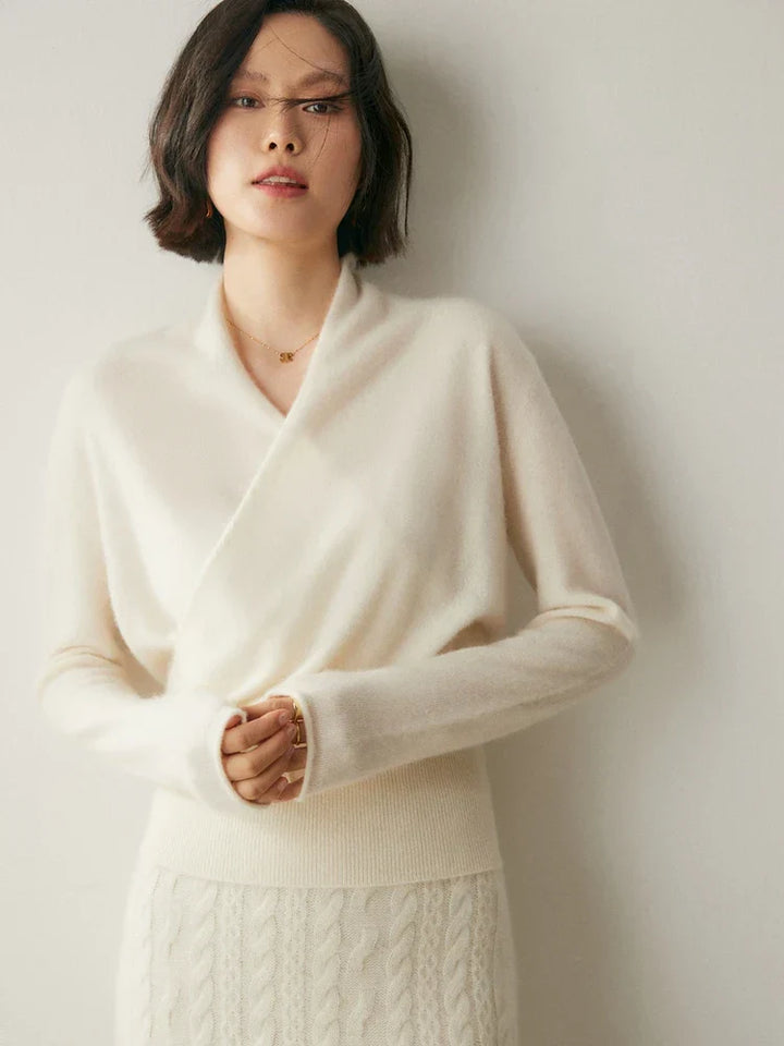 Luxurious red cashmere women's sweater, sophisticated crossover style