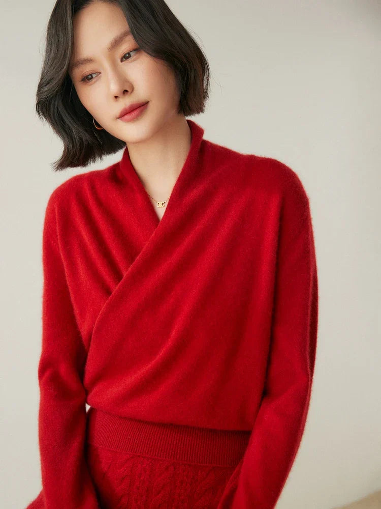 Luxurious red cashmere crossover sweater, a wardrobe essential