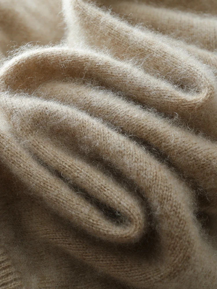 Luxurious camel cashmere crossover sweater, elegant neutral knitwear