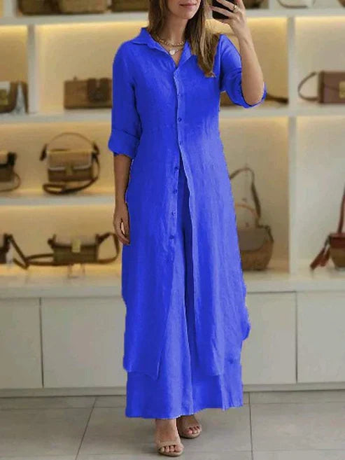 Women's 3/4 sleeve button-down maxi shirt dress, elegant & versatile for summer casual wear.