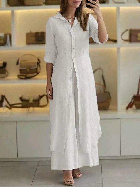 Stylish women's long button-down shirt dress with 3/4 sleeves, perfect for a chic summer look.