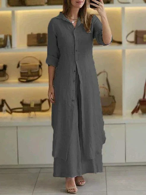 Flowy women's summer shirt dress with 3/4 sleeves and full button closure, ideal for daily wear.