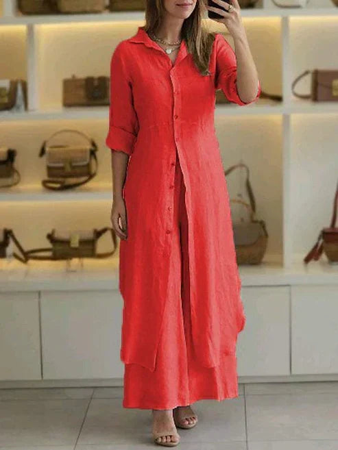 Classic women's long shirt dress, comfortable 3/4 sleeves & button-down style, perfect for day outings.