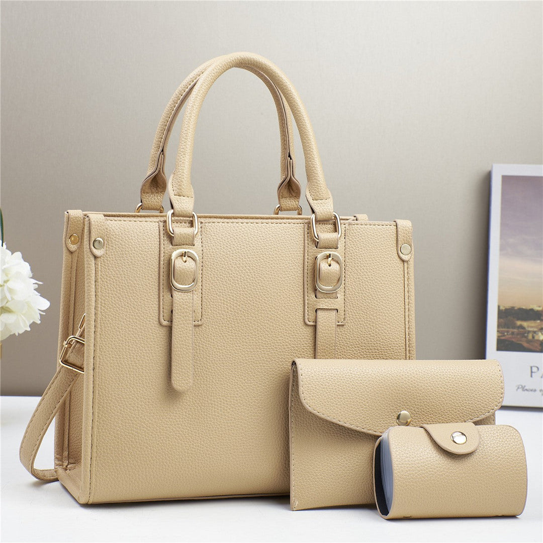 Model carrying the women's 3-piece handbag set, showcasing its convertible versatility.