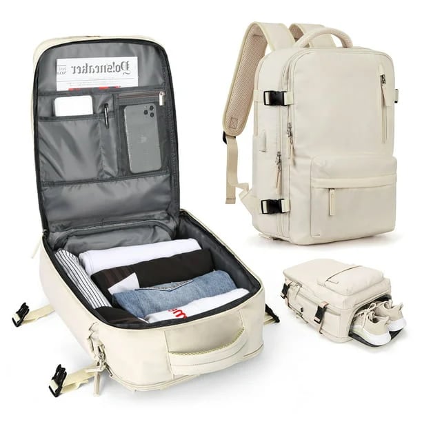 Women's 35L waterproof travel backpack with anti-theft design & USB charging. Ideal for organized adventure travel.