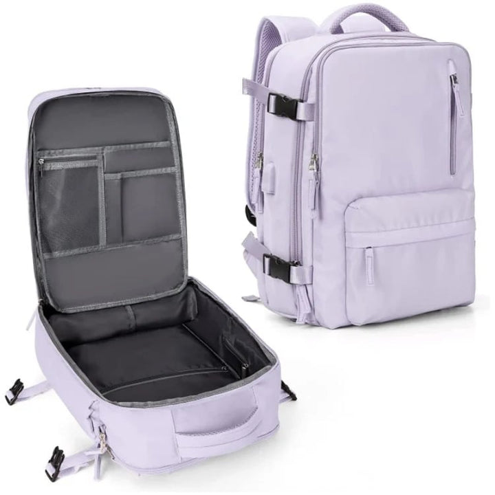 Women's 35L travel backpack with integrated USB charging port, waterproof & anti-theft for tech-savvy travelers.