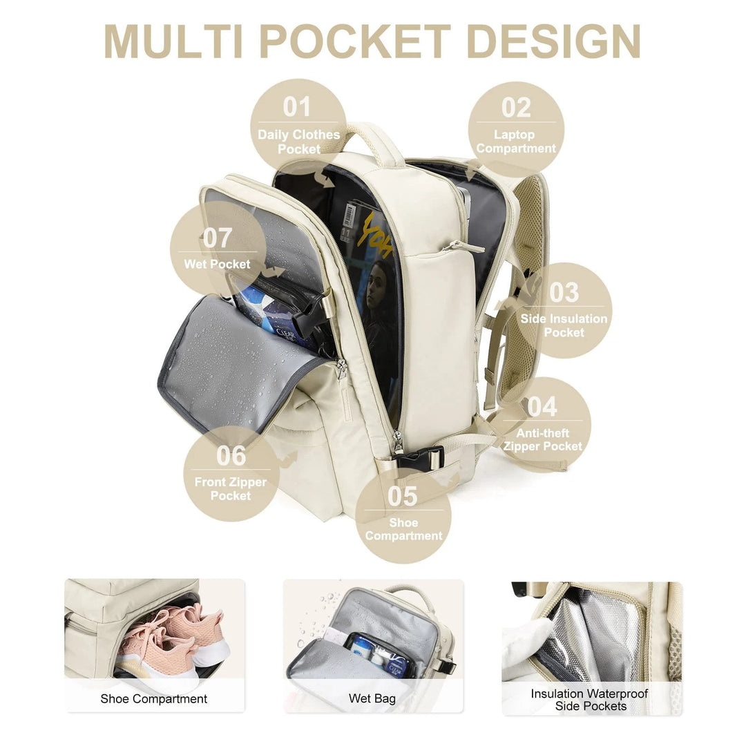 Multifunctional women's 35L travel backpack featuring a shoe compartment & anti-theft features. Perfect for hiking.