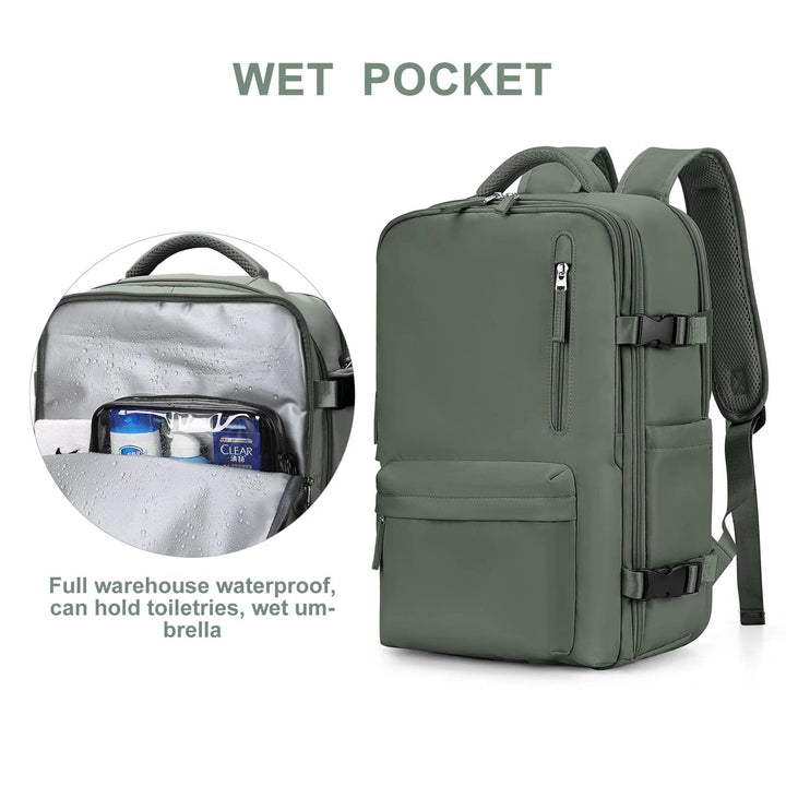 Spacious women's 35L travel backpack, waterproof & organized, ideal for adventure travel & extended trips.