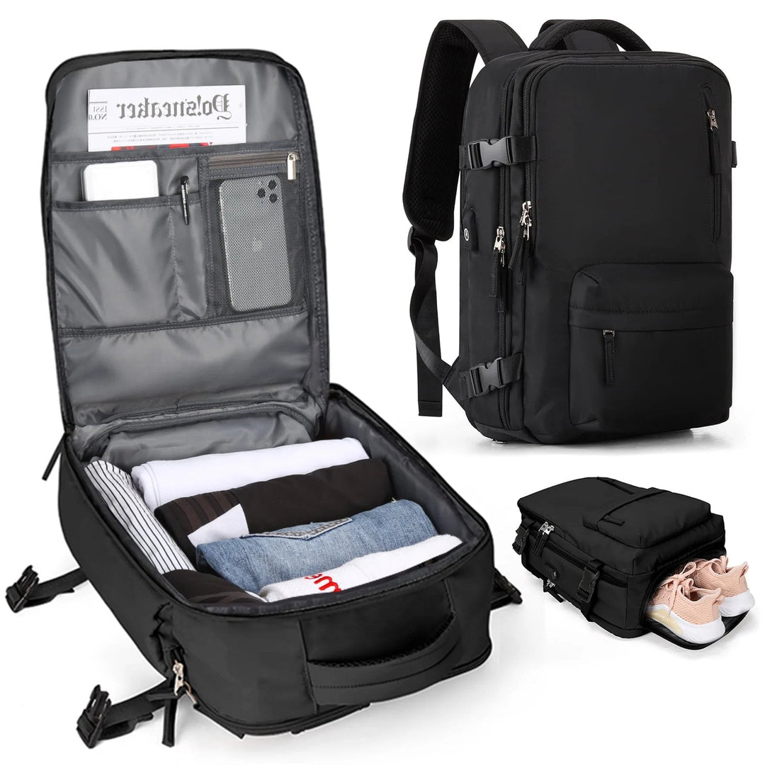 Stylish women's 35L waterproof travel backpack, sleek design, anti-theft & USB charging for modern travelers.