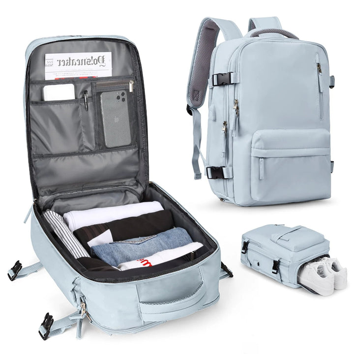 Comfortable women's 35L travel backpack for long journeys, anti-theft, waterproof & organized compartments.
