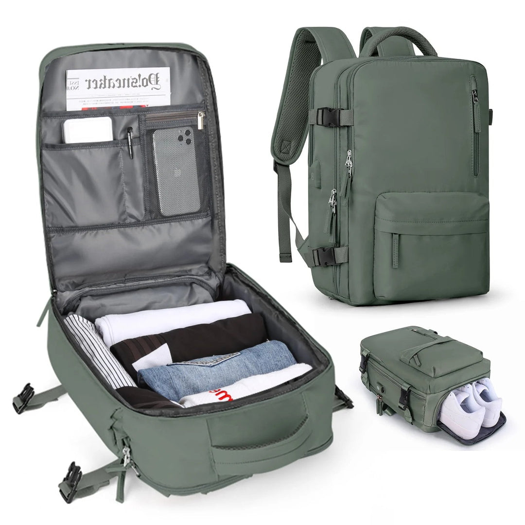 Organized women's 35L travel backpack with laptop & shoe compartments, waterproof & anti-theft for smart packing.