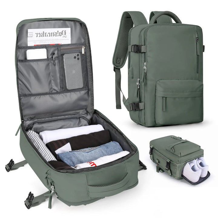 Organized women's 35L travel backpack with laptop & shoe compartments, waterproof & anti-theft for smart packing.
