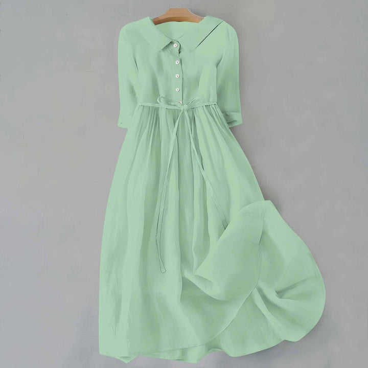 Versatile solid color A-Line midi dress for women, short sleeves, comfortable casual style.