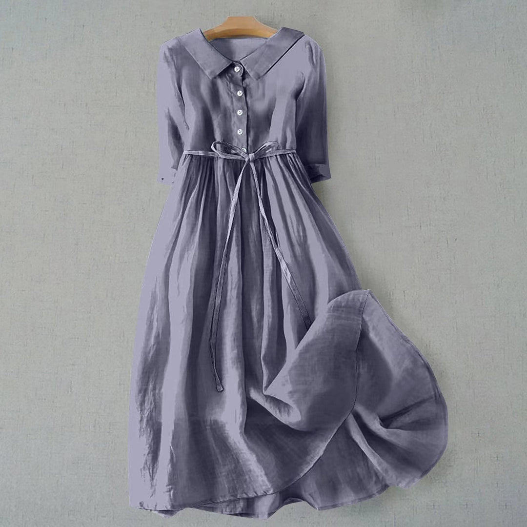 Women's casual A-Line dress, short sleeve midi length, perfect for warm weather & comfort.