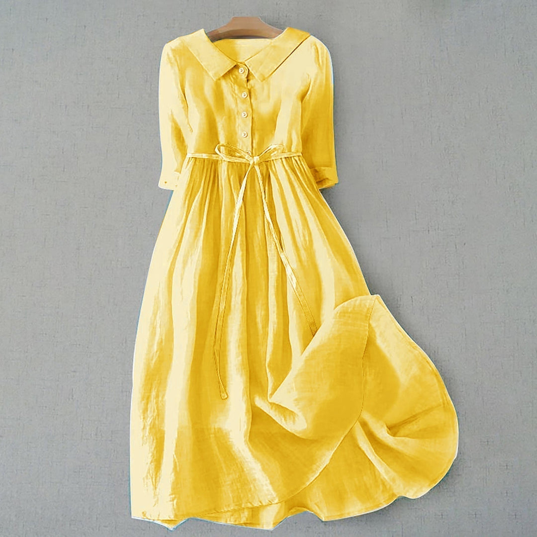 Elegant yet casual women's A-Line midi dress with short sleeves. Comfortable, versatile solid.