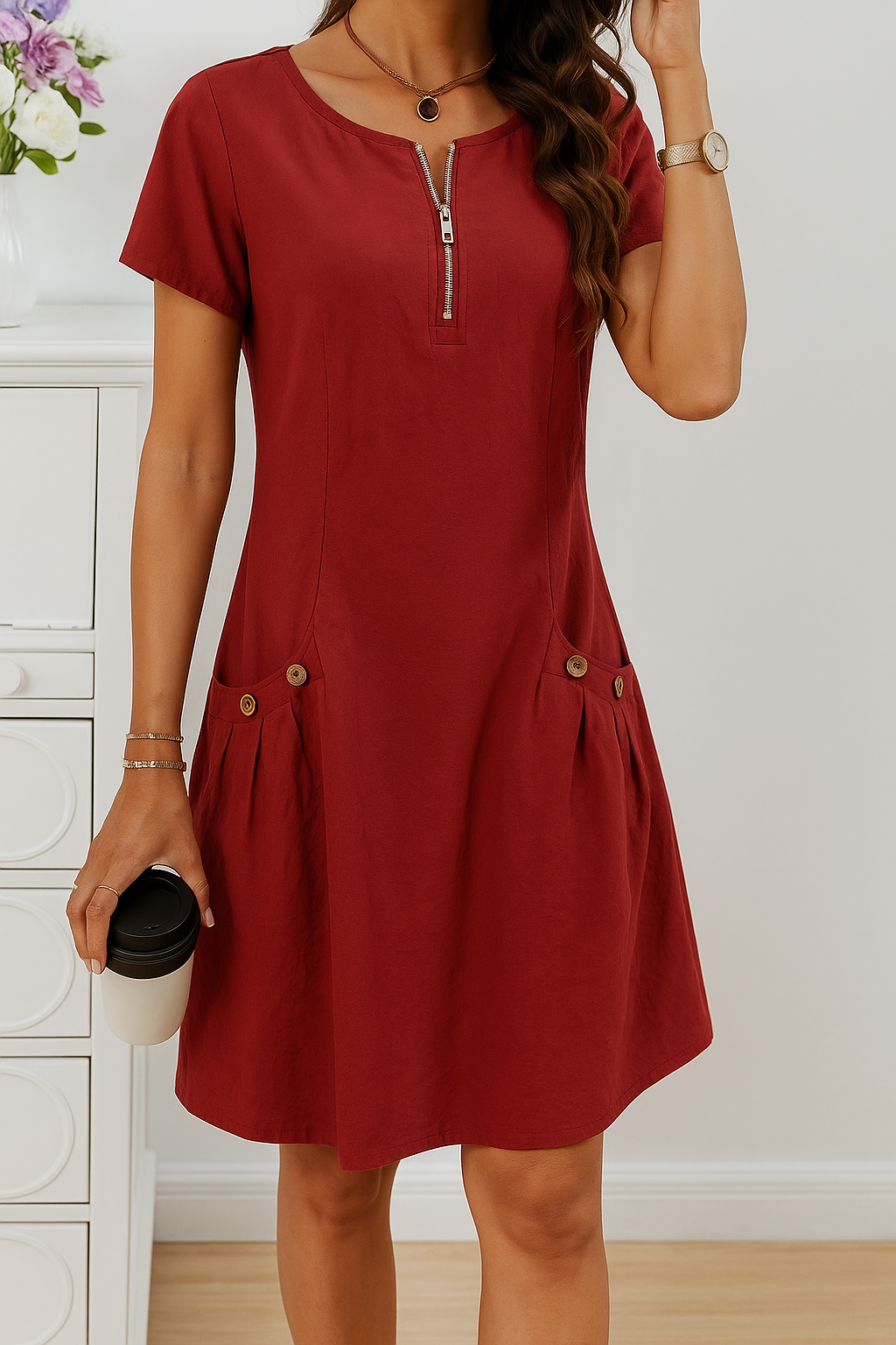 Flattering women's summer midi dress featuring a classic A-line silhouette and fashionable button accents.