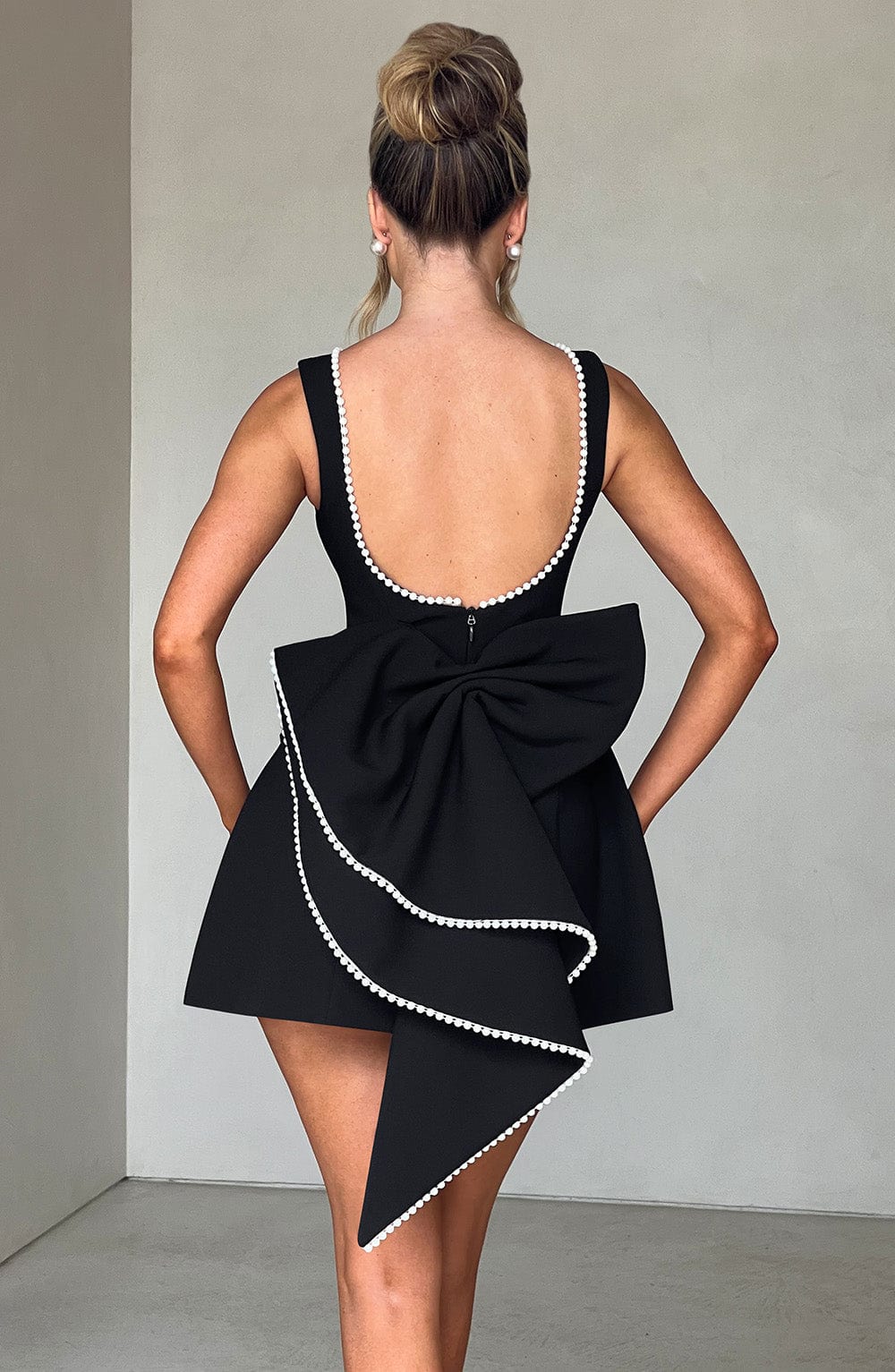 Women's formal pearl trim A-line mini dress, ideal for homecoming, parties & special events.
