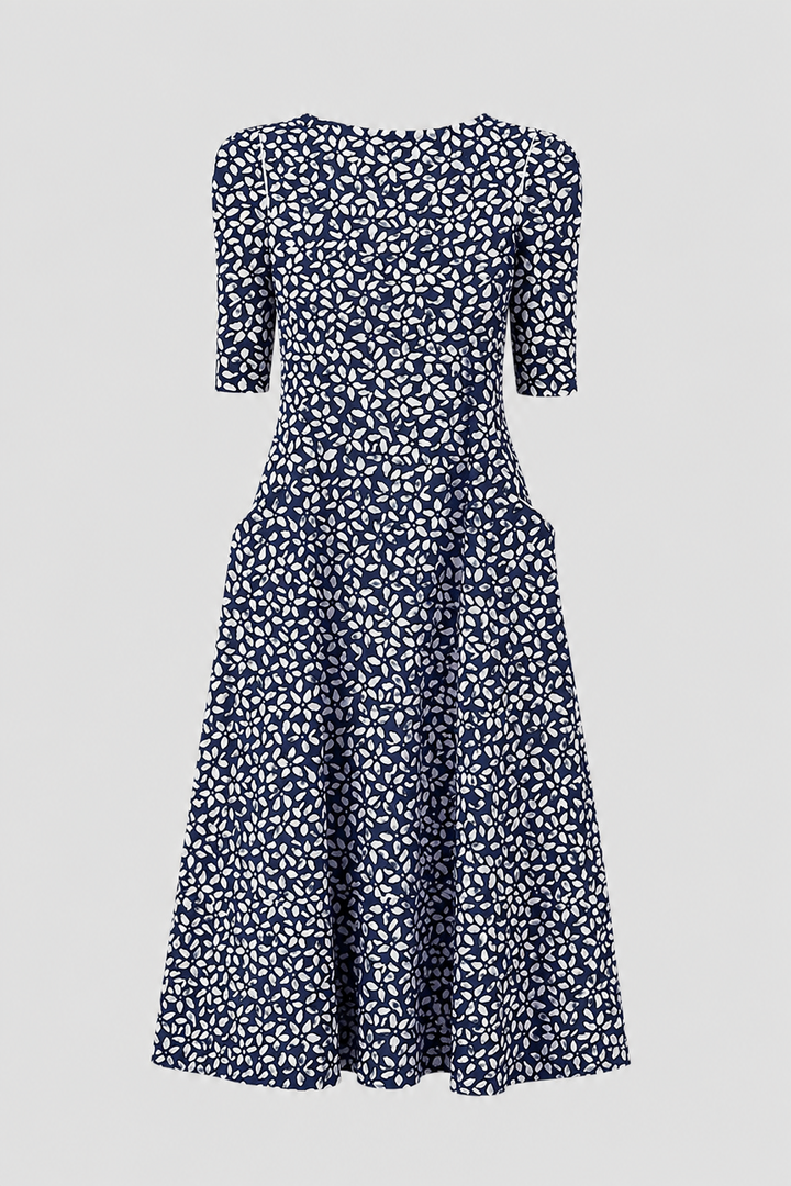 Elegant A-line midi dress with short sleeves for women, offering a flattering & comfortable fit.
