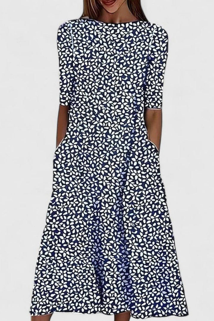 Back view: Women's A-line short-sleeve midi dress, showcasing elegant flow & sophisticated design for formal wear.