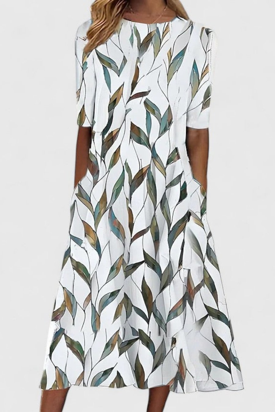 Woman in elegant A-line short-sleeve midi dress, perfect for summer fashion, occasion wear & casual chic style.