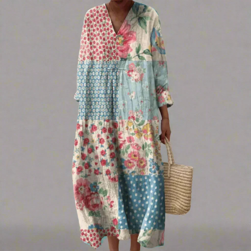 Women's Abstract Patchwork Midi Dress, flowy and comfortable, perfect for casual summer wear or vacation.