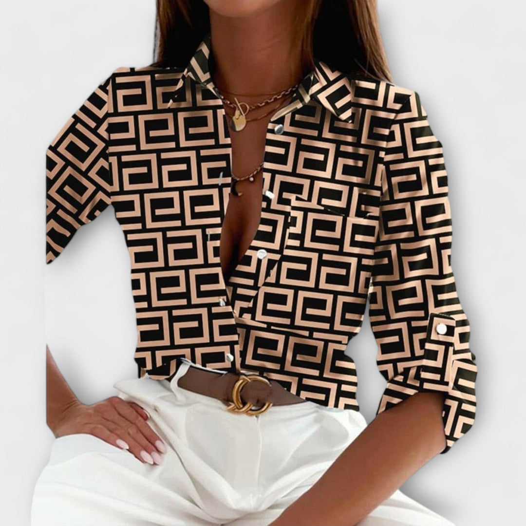 Unique abstract print women's button down blouse, a stylish top for fashion lovers.