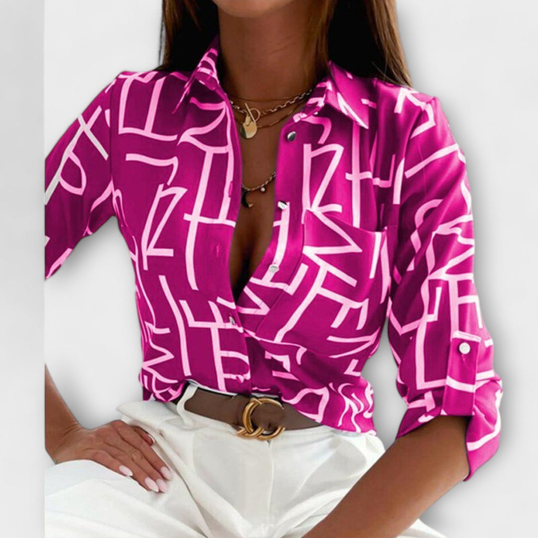 Long sleeve women's abstract print blouse, button down top for stylish comfort.