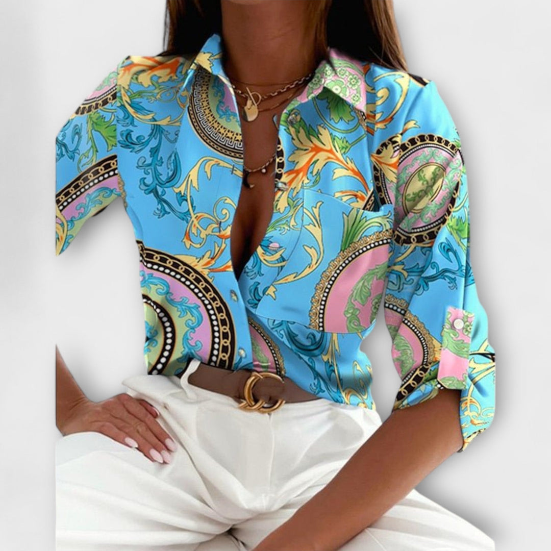 Casual chic women's abstract print button down shirt, perfect for everyday style.