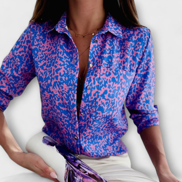 Smart casual women's abstract print blouse, versatile button down for elegant looks.