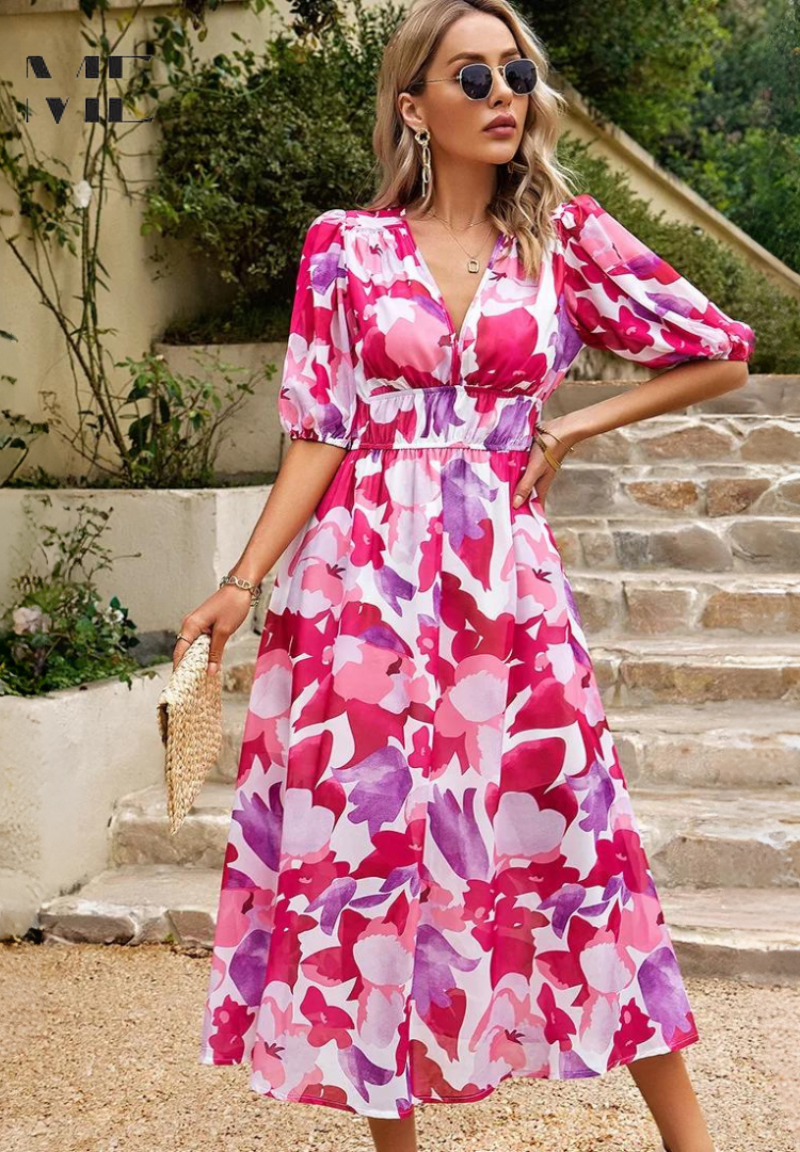 Women's versatile abstract print midi dress, complete with an adjustable belt.
