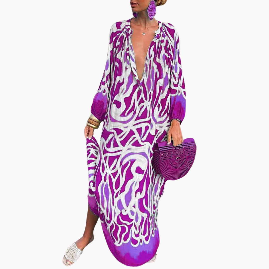 Chic women's abstract print deep V-neck maxi dress, oversized fit for comfortable summer fashion & resort wear.