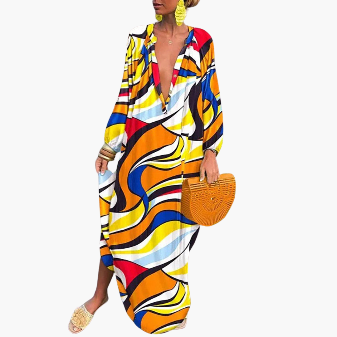 Vibrant abstract print oversized maxi dress for women, deep V-neck, a stylish choice for summer fashion.